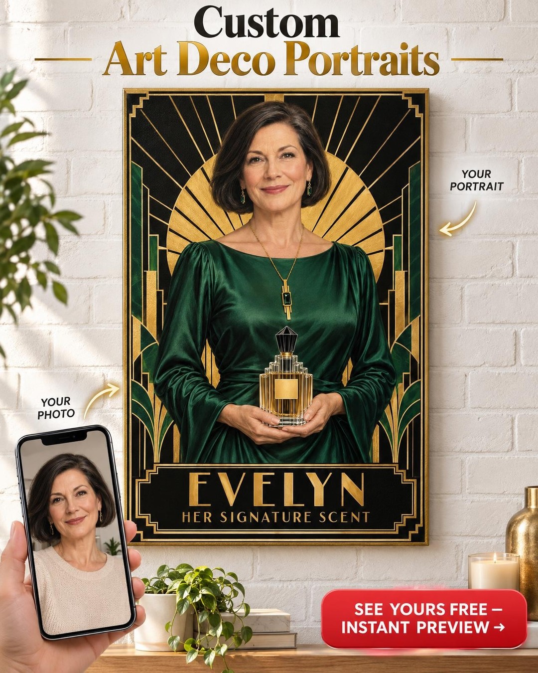 Art Deco Perfume Poster Custom Portrait from Photo | Personalized Signature Scent Gift