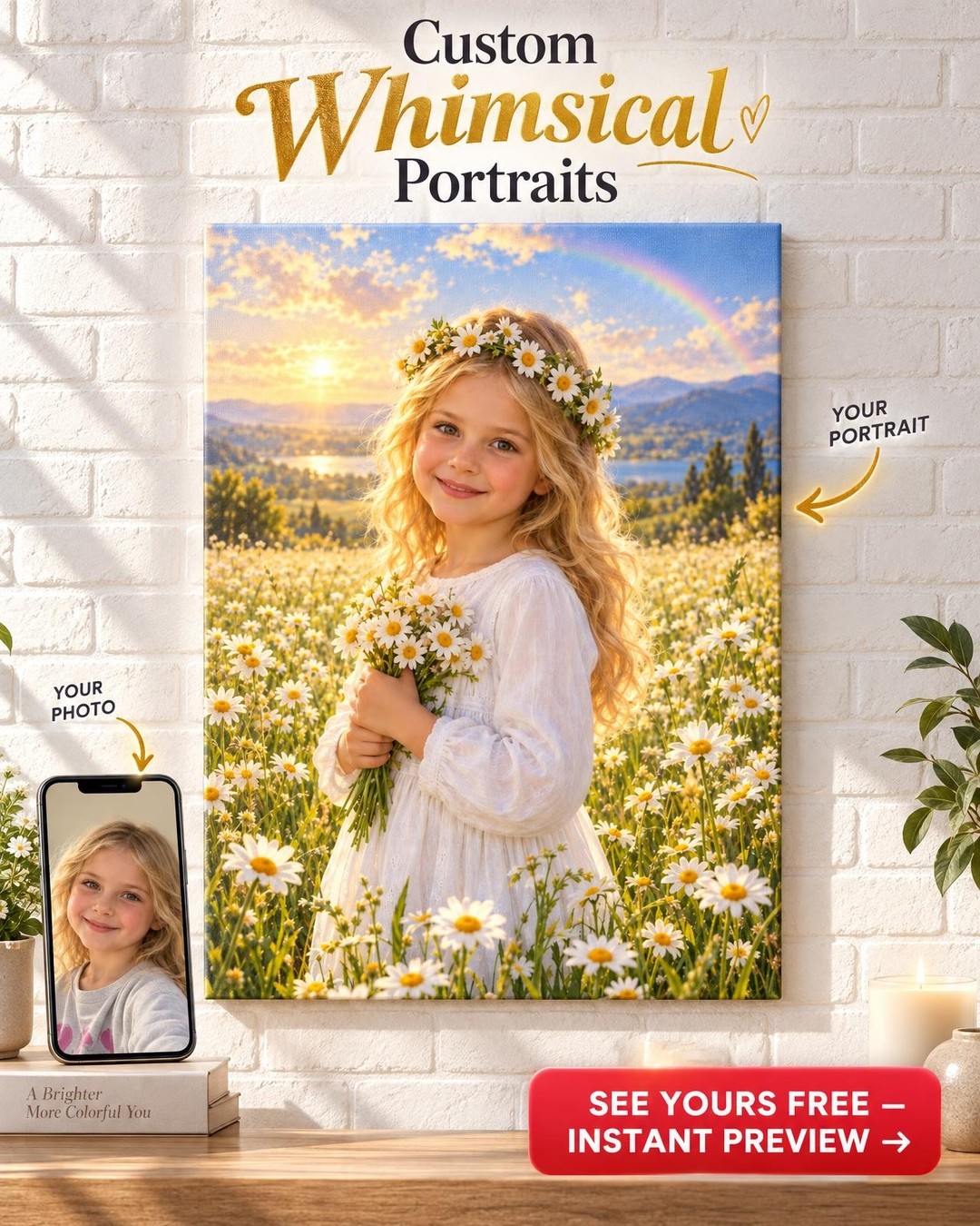 Little Girl Glowing Daisy Meadow Custom Portrait from Photo | Personalized Daughter Memorial Gift