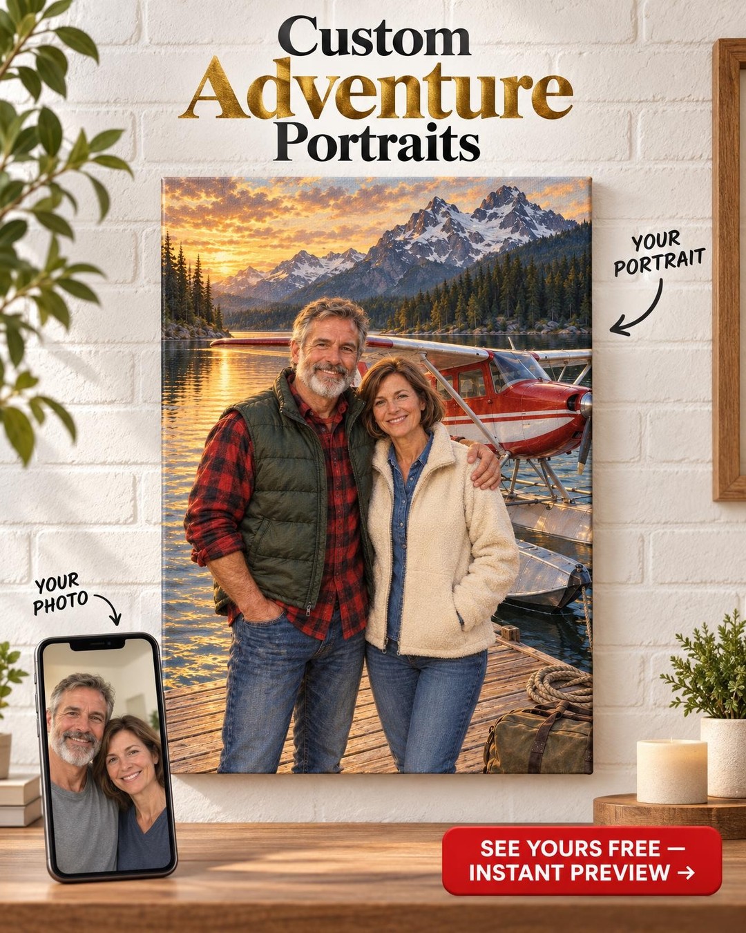 Floatplane Couple Custom Portrait from Photo | Personalized Pilot Portrait Gift
