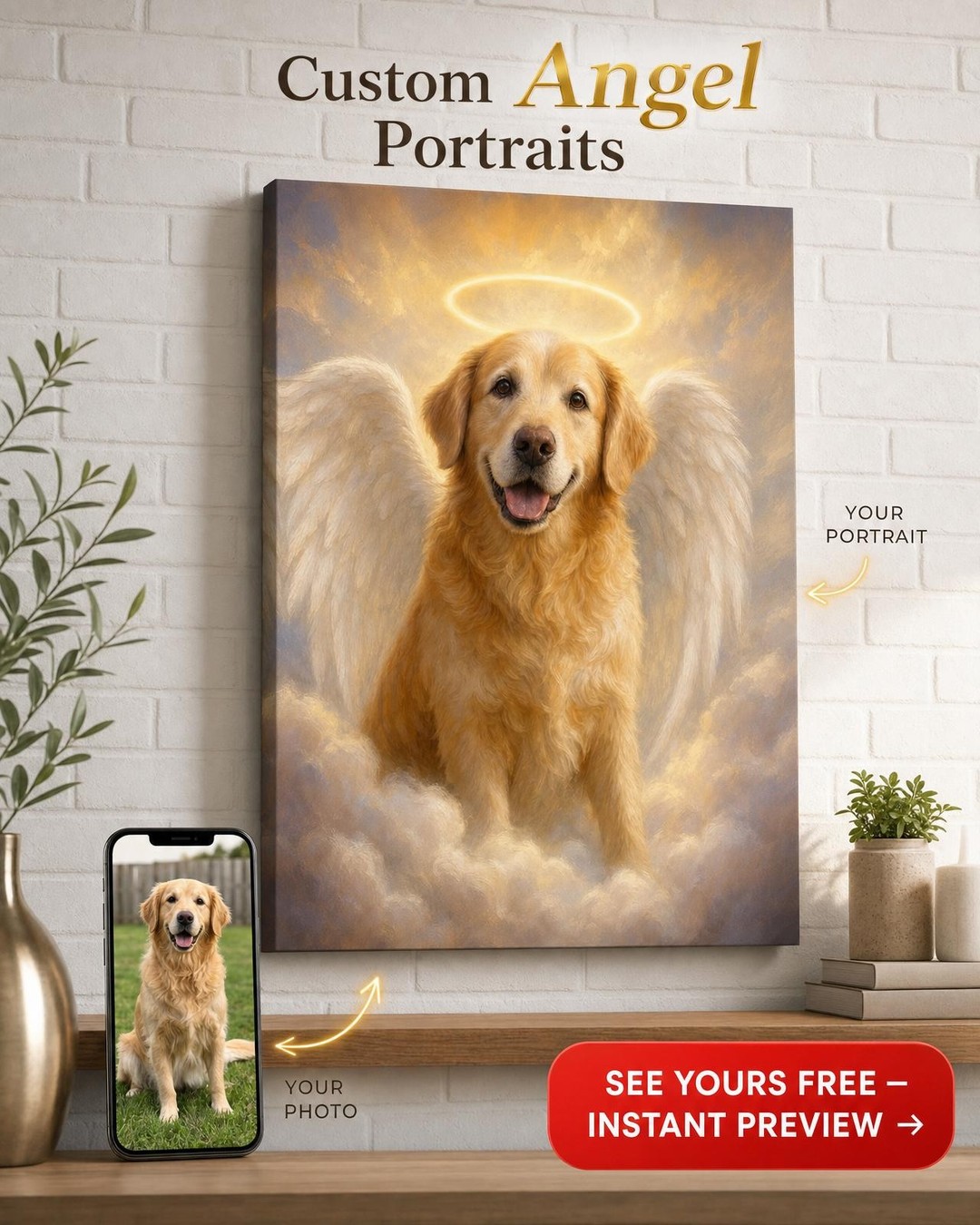 Custom Memorial Dog Portrait — Golden Retriever Angel Canvas from Photo