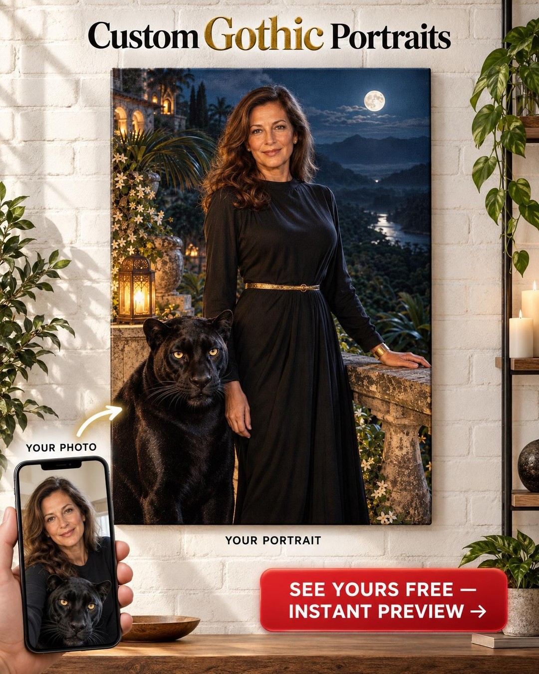 Moonlit Terrace Panther Custom Portrait from Photo | Personalized For Her Gift