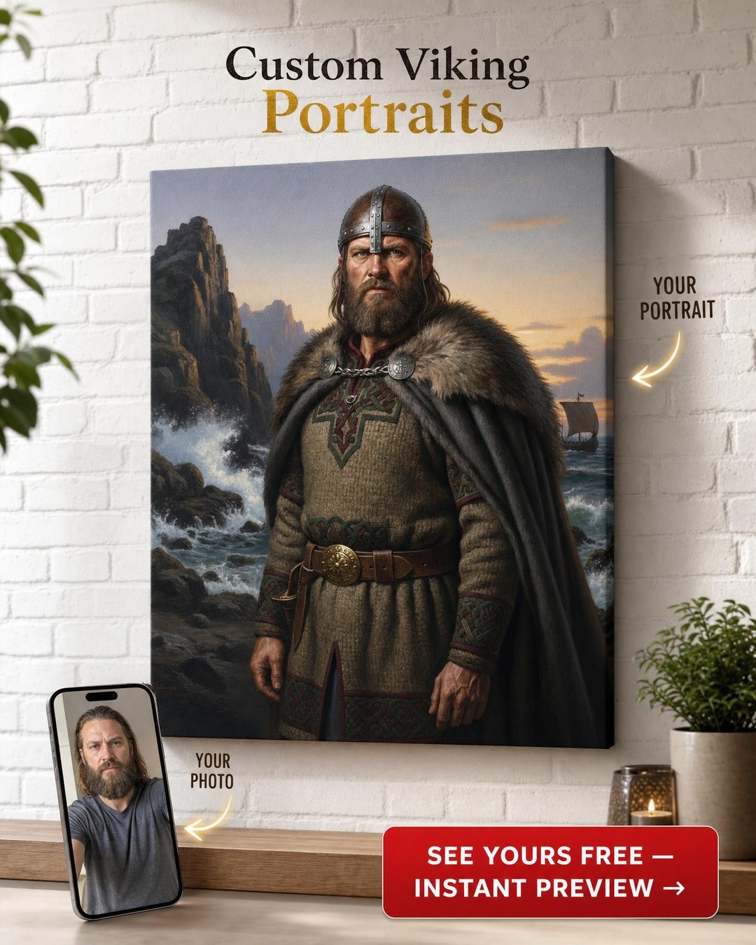 Custom Viking Warrior Portrait for Men — Heroic Canvas Art from Photo