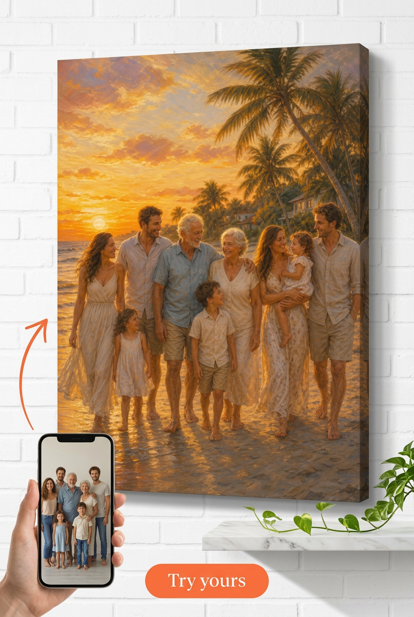 Family Portrait with Deceased Loved One — Tropical Sunset Glow Canvas