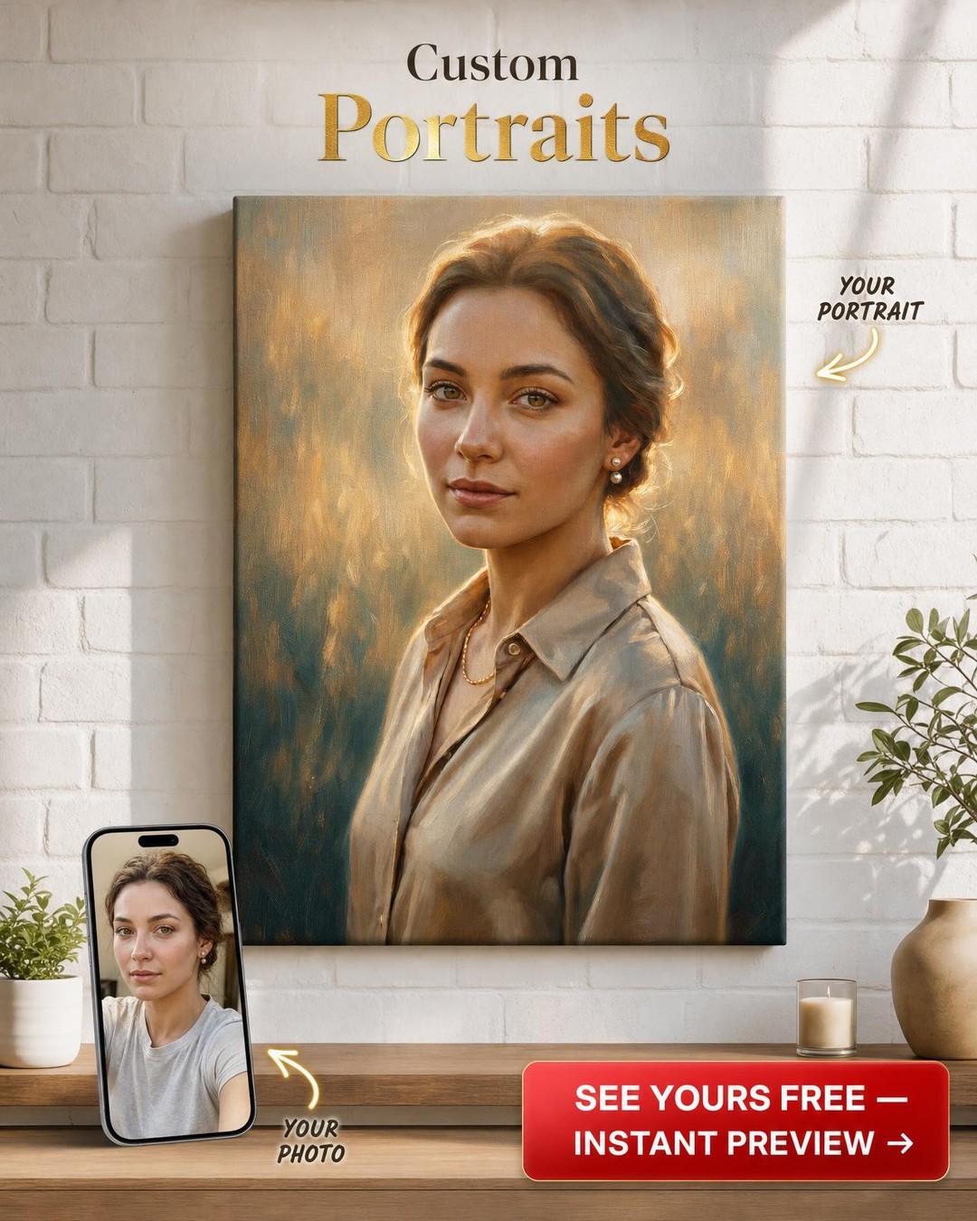 Custom Impressionist Woman Portrait — Serene Canvas Art from Photo