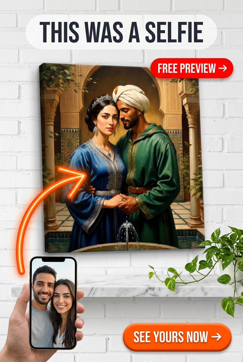 Custom Royal Couple Portrait — Romantic Palace Canvas from Photo