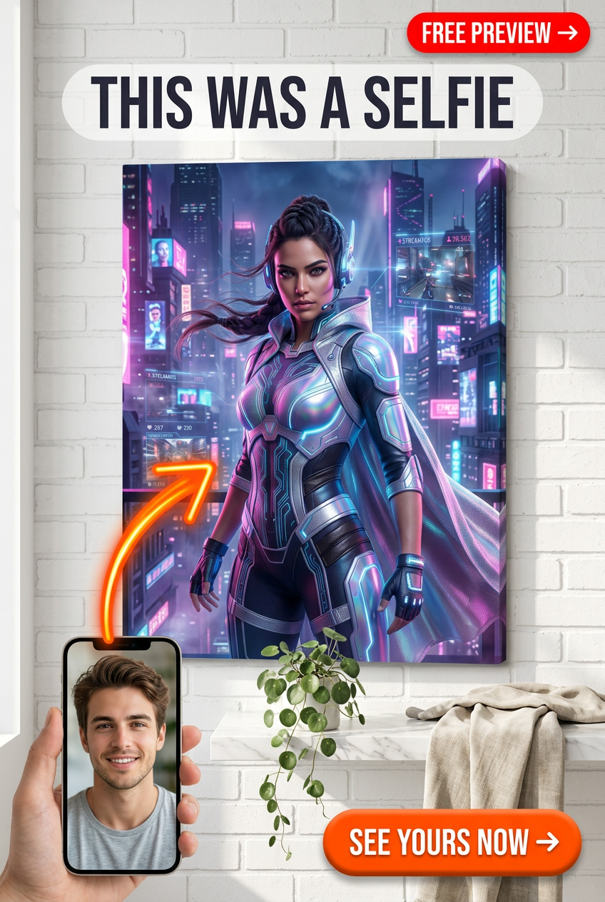 Custom Cyberpunk Single Man Portrait — Heroic Neon Canvas from Photo
