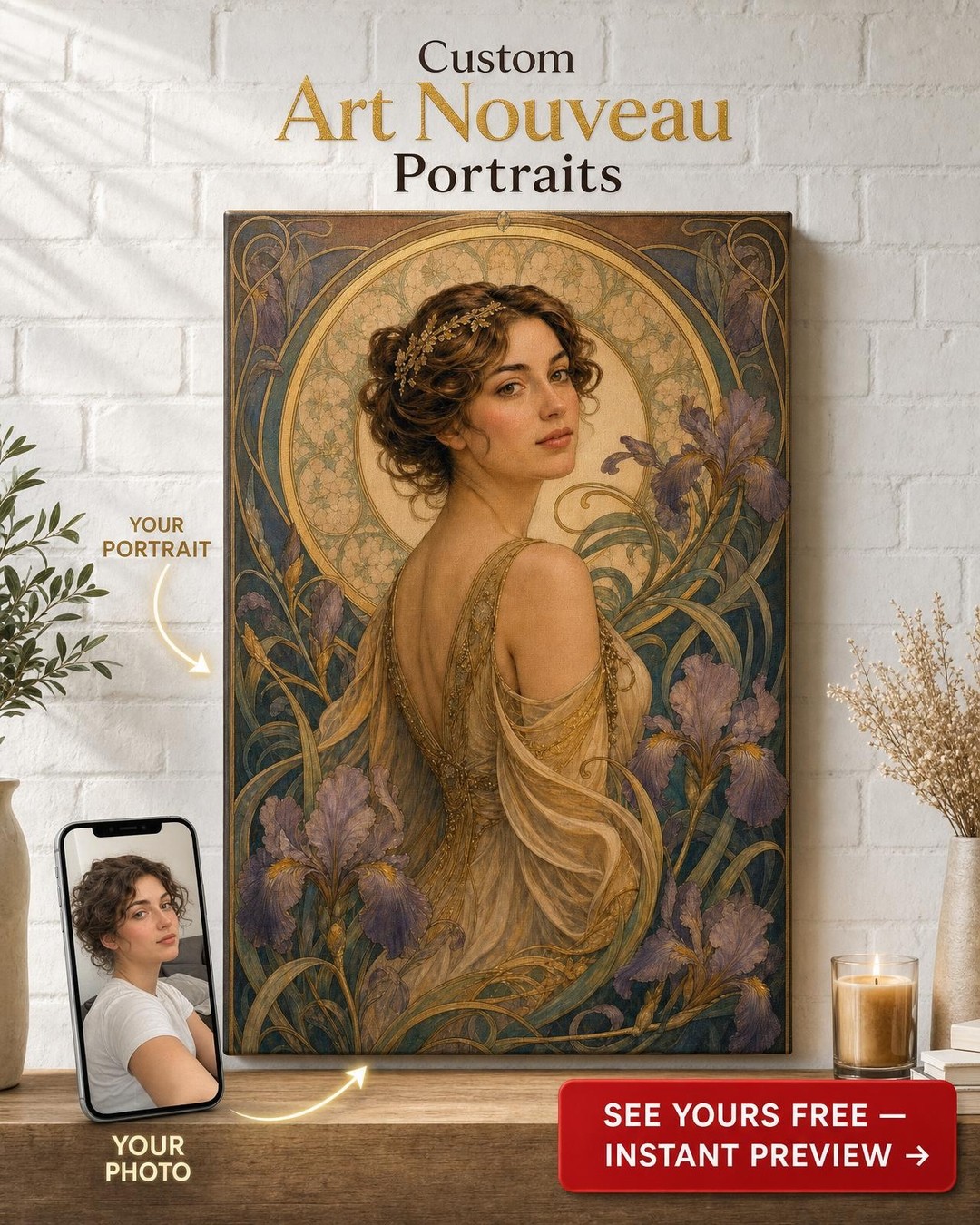 Iris Garden Art Nouveau Custom Portrait from Photo | Personalized Canvas Gift