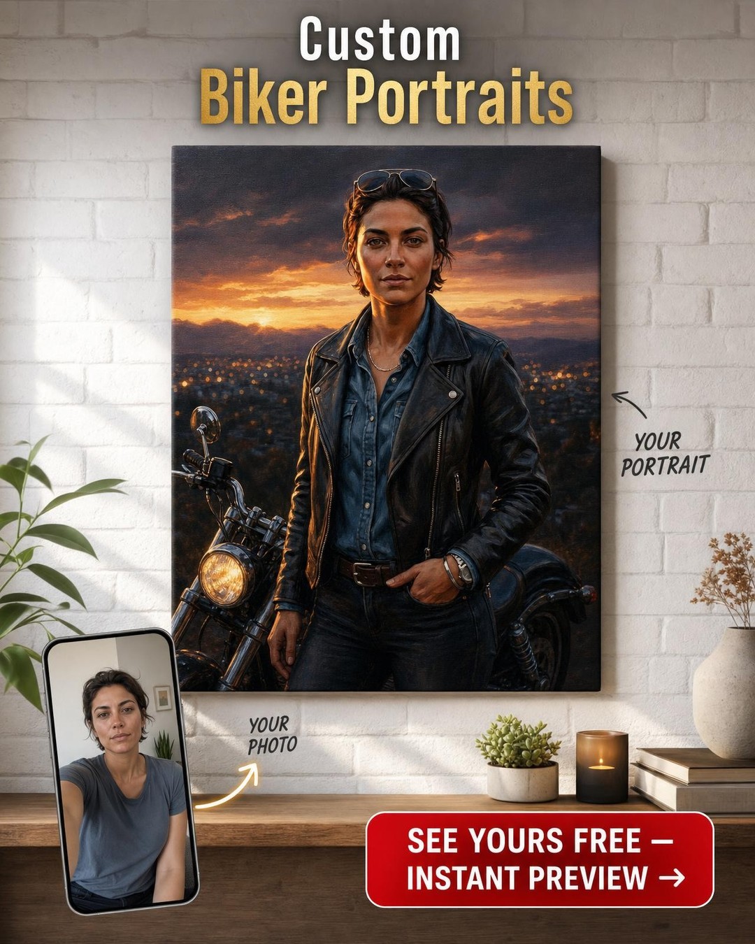 Custom Sunset Woman Portrait Canvas — Heroic Leather Jacket Art