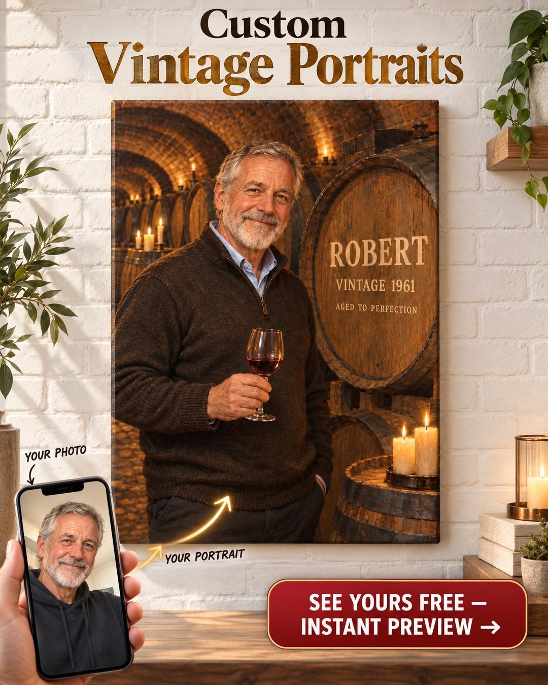 His Vintage Year Custom Portrait from Photo | Personalized Vineyard Romance Canvas Gift
