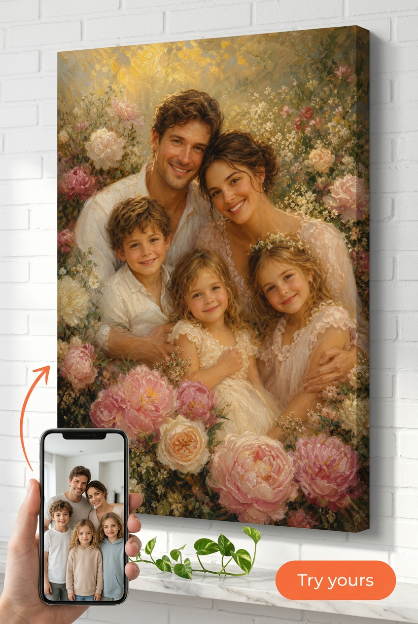 Custom Floral Family Portrait — Serene Canvas from Photo