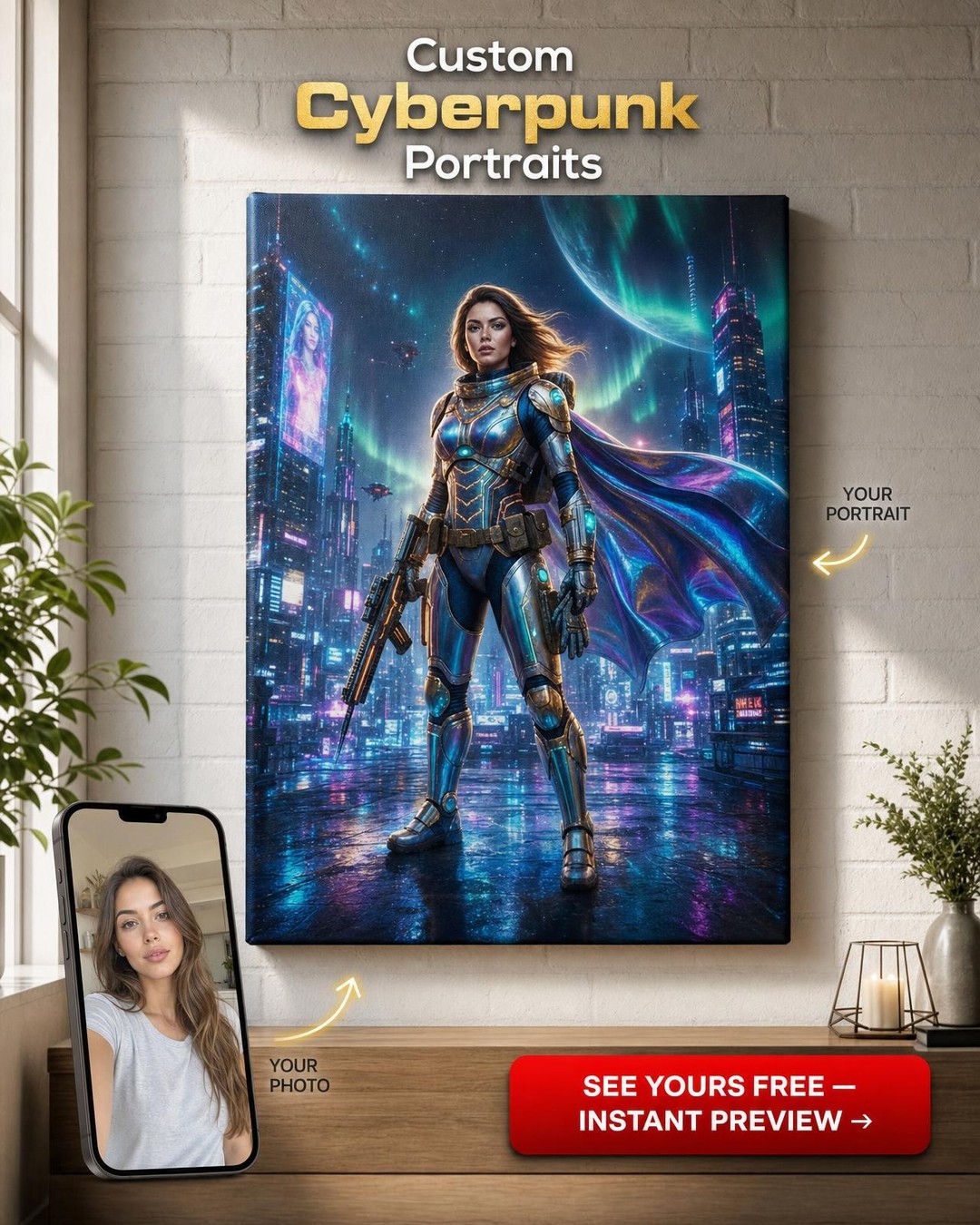 Custom Sci-Fi Woman Portrait — Heroic Space Warrior Canvas