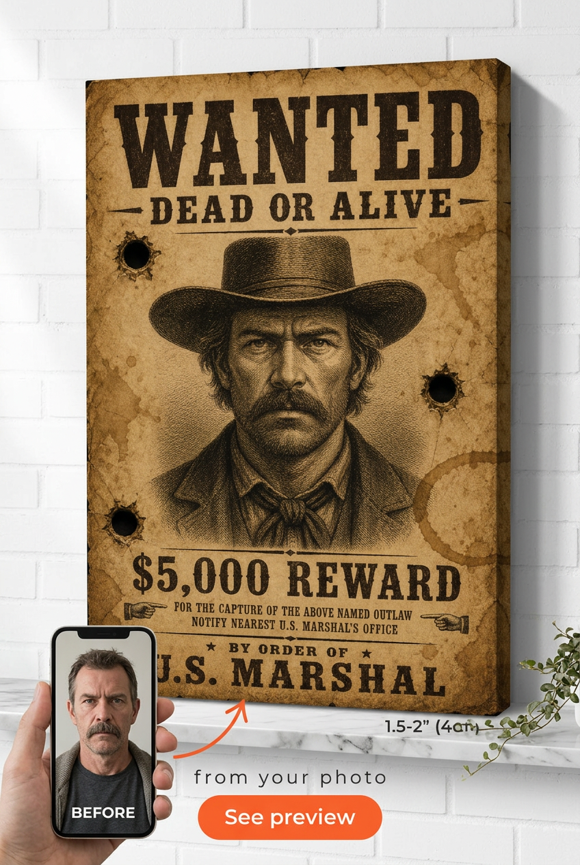 Custom Wanted Poster Portrait for Men — Heroic Canvas