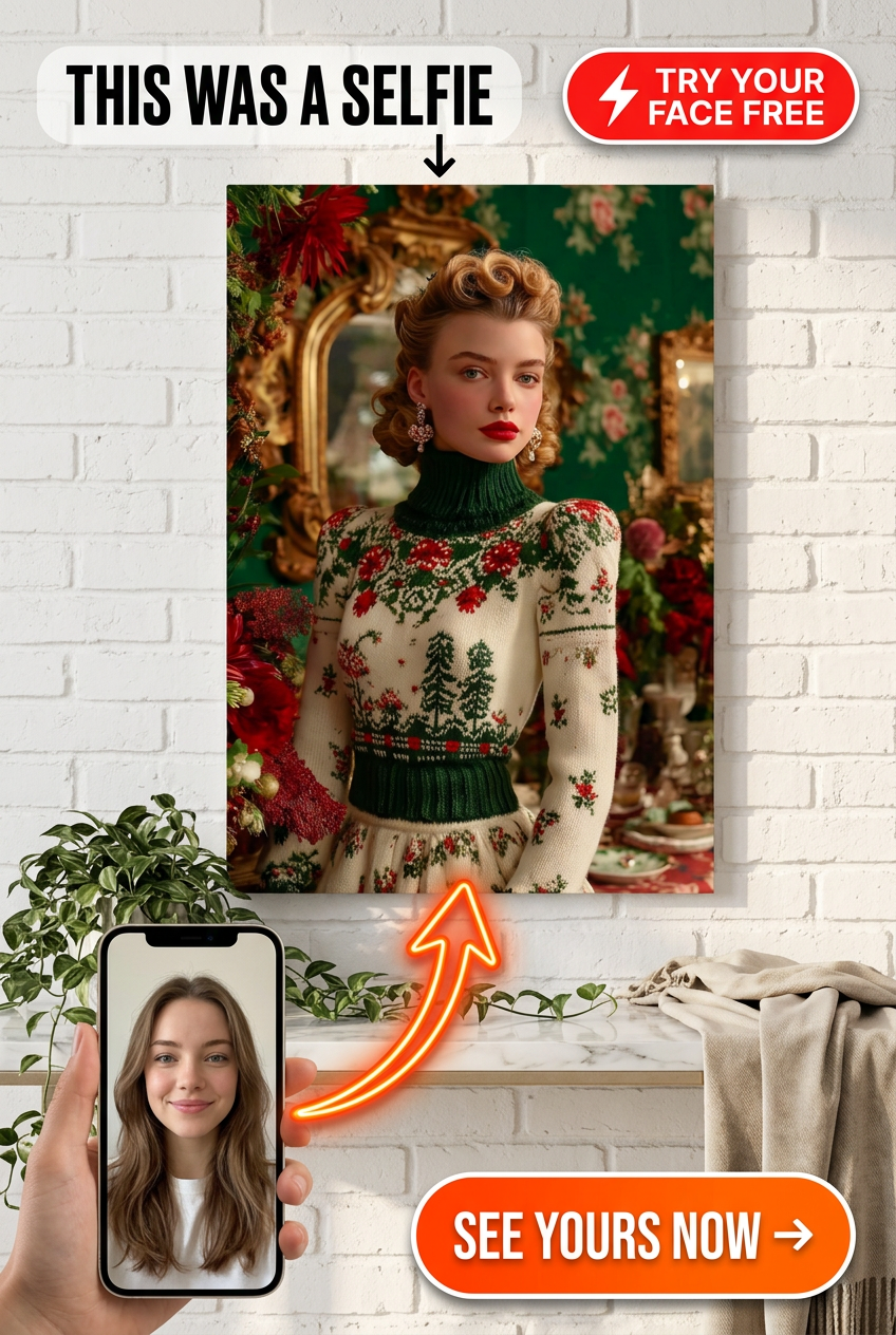 Custom Christmas Woman Portrait — Festive Floral Canvas from Photo