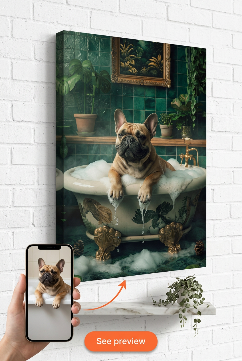 Custom Dog Pet Portrait — Whimsical Bubble Bath Canvas