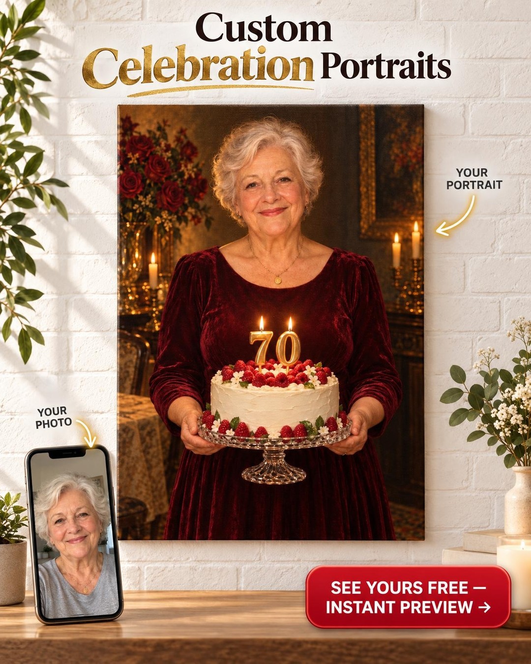 Birthday Candles Custom Portrait from Photo | Milestone Birthday Gift for Her