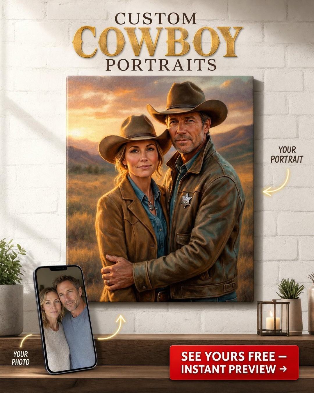 Custom Cowboy Couple Portrait — Romantic Western Canvas