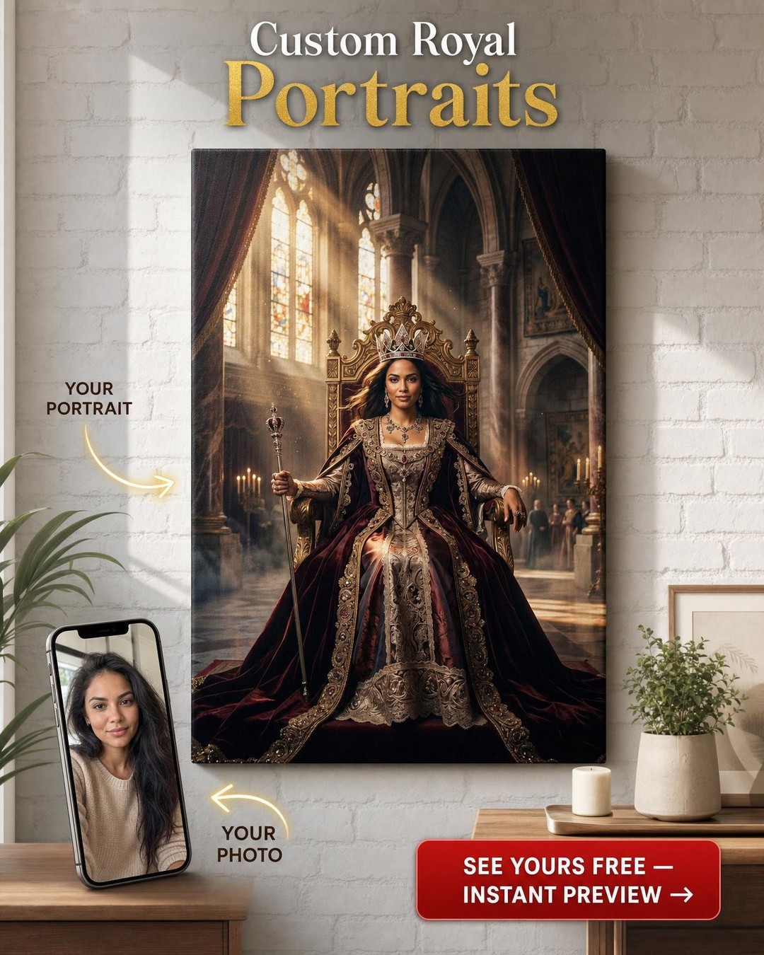 Custom Royal Woman Portrait — Regal Canvas from Photo