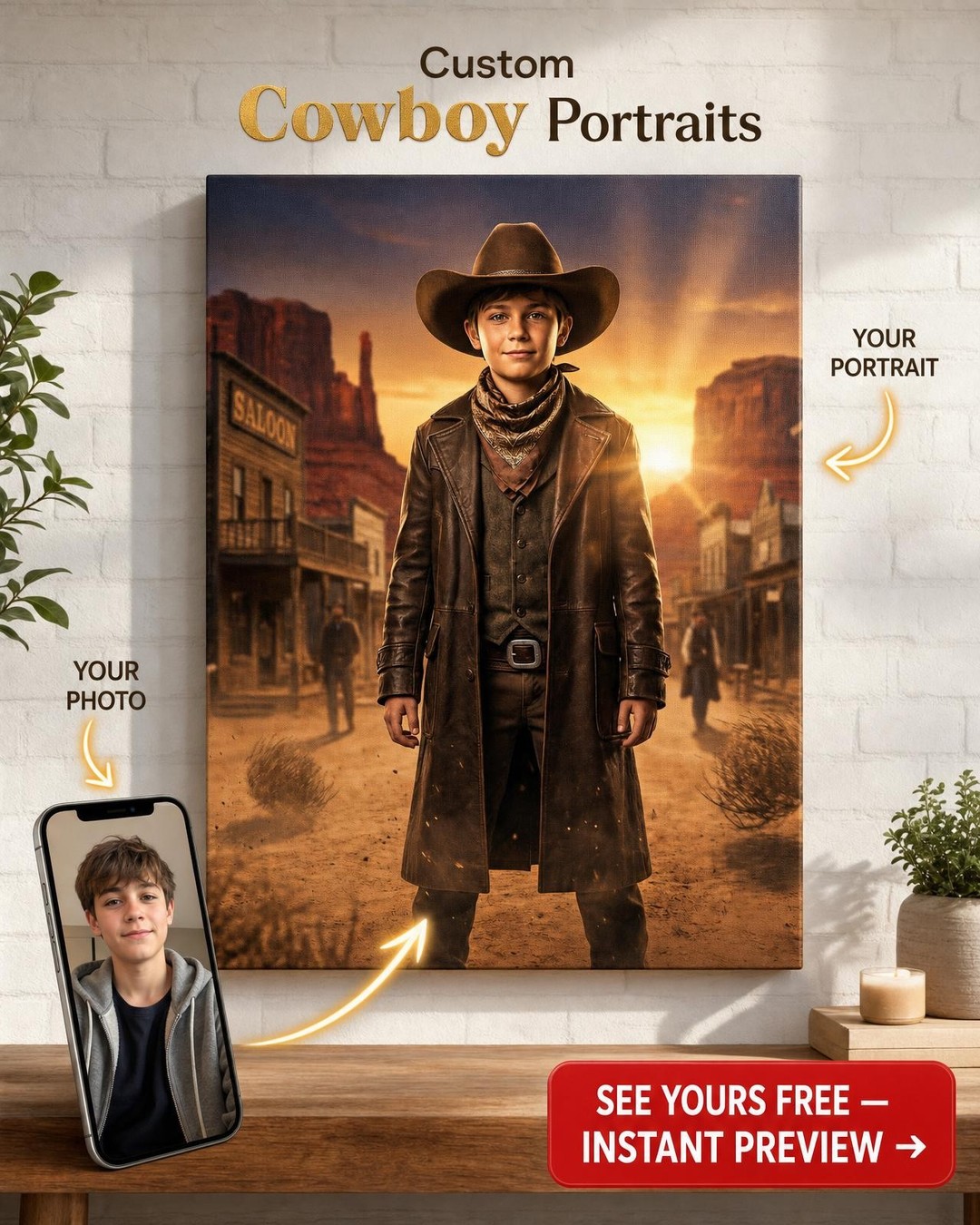 Epický westernový kovbojský vlastní umělecký portrét pro děti
