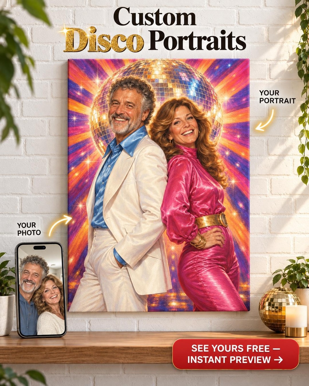 Disco Album Cover Couple Custom Portrait from Photo | Personalized Disco Portrait Gift