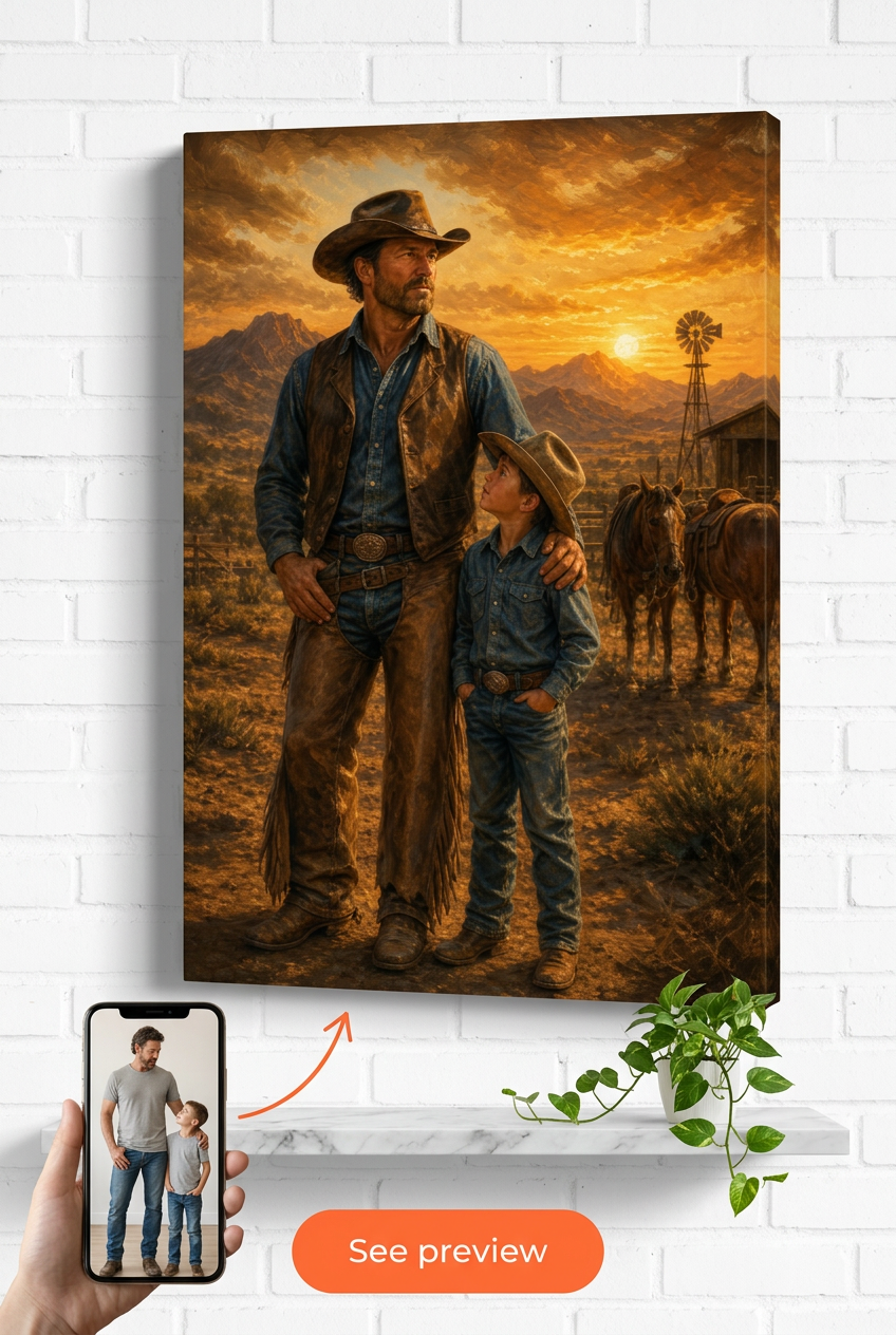 Custom Cowboy Father-Child Portrait — Heroic Western Canvas