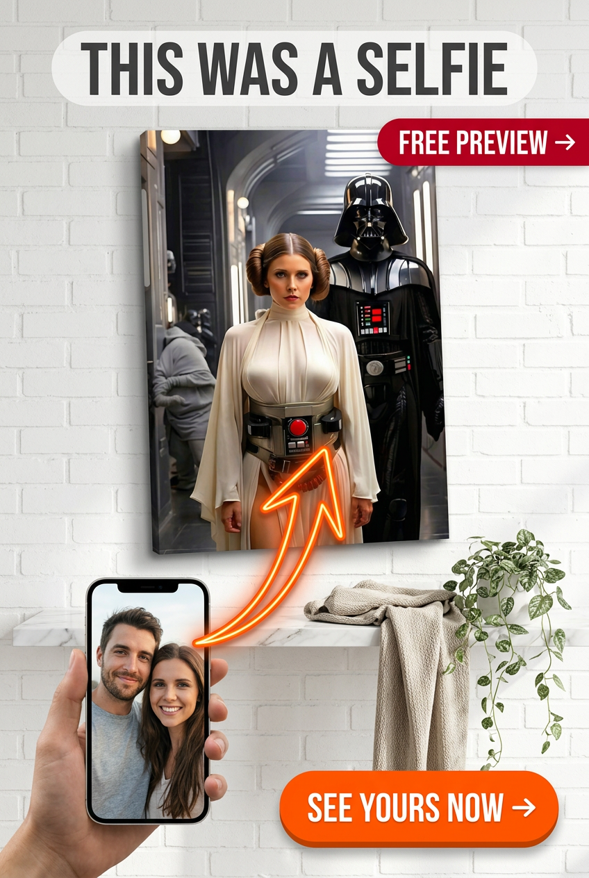 Custom Sci-Fi Couple Portrait — Whimsical Lightsaber Canvas