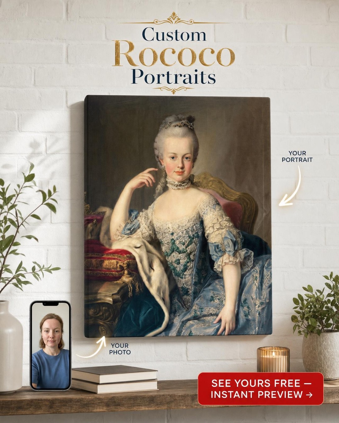 Custom Royal Woman Portrait — Regal Crown & Silk Gown Canvas