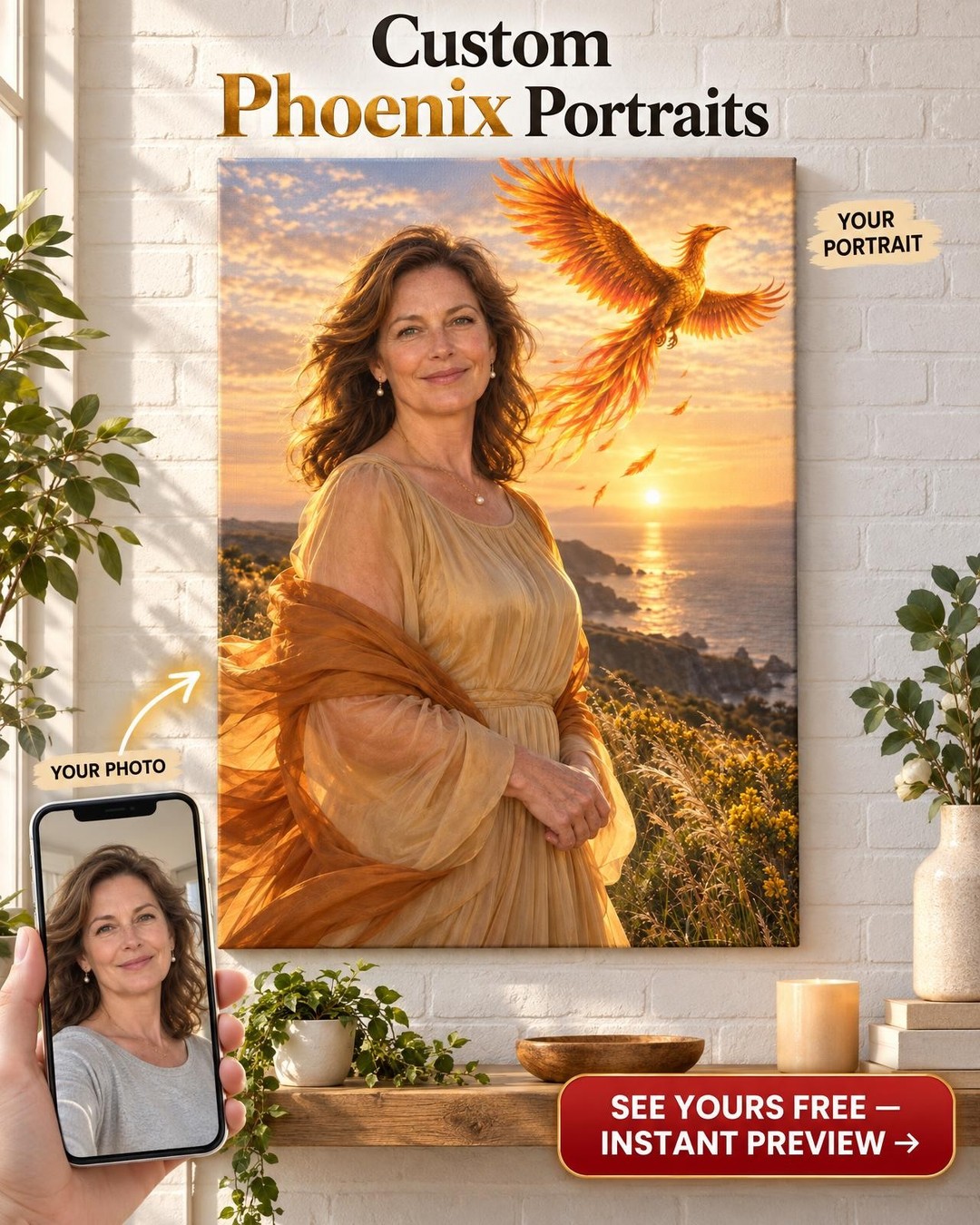 Into the Sunrise Phoenix Custom Portrait from Photo | Personalized For Her Gift