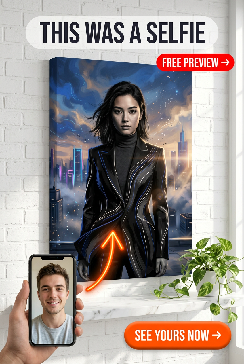 Custom Cyberpunk Single Man Portrait — Heroic City Skyline Canvas