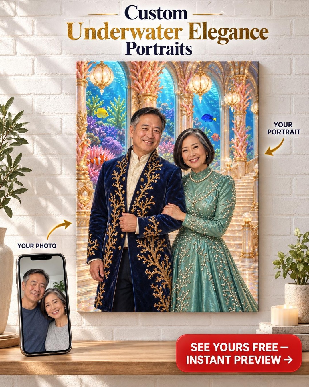 Coral Palace Couple Custom Portrait from Photo | Personalized Reef Aquarium Gift