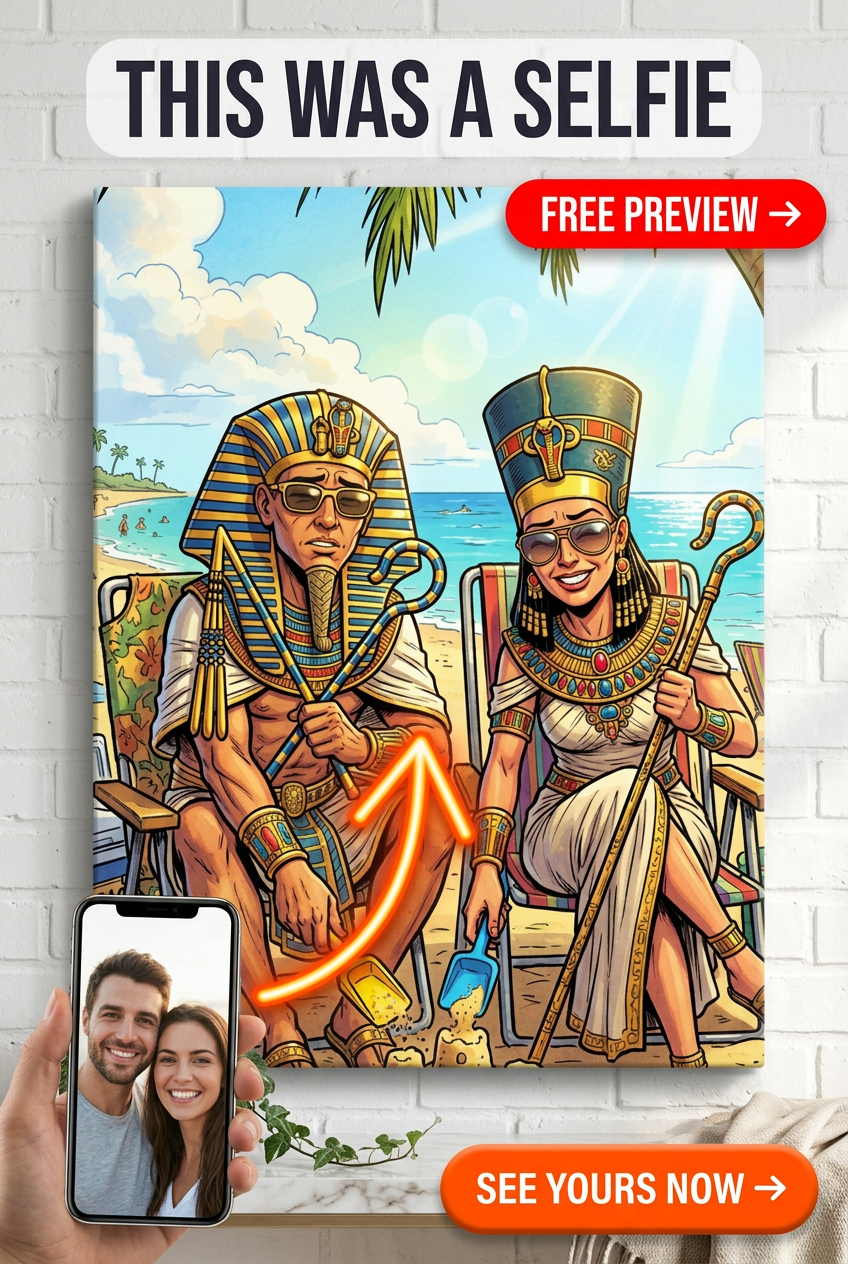 Custom Egyptian Couple Portrait — Whimsical Beach Vacation Canvas