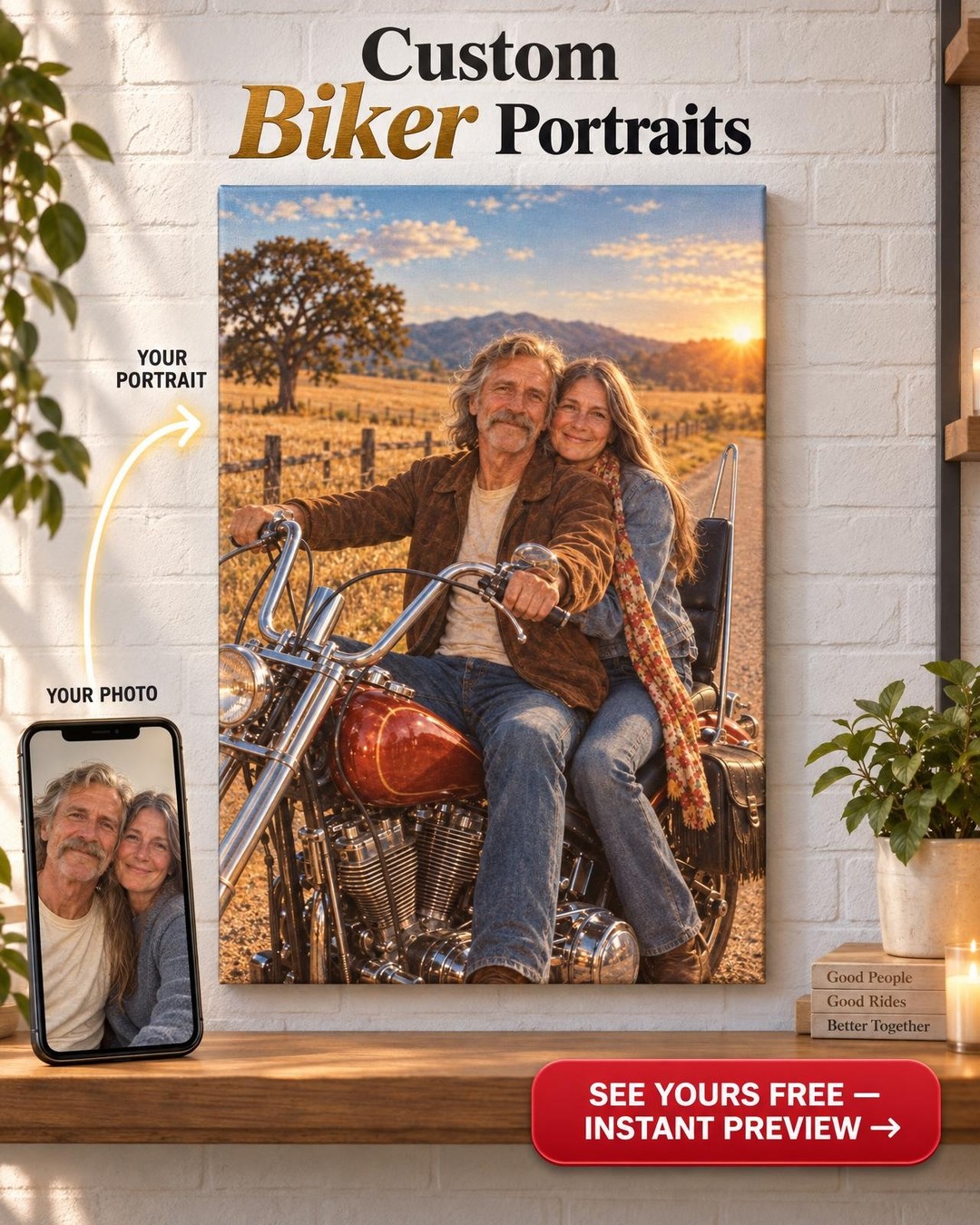 Summer of 72 Motorcycle Couple Custom Portrait from Photo | Personalized Motorcycle Portrait Gift