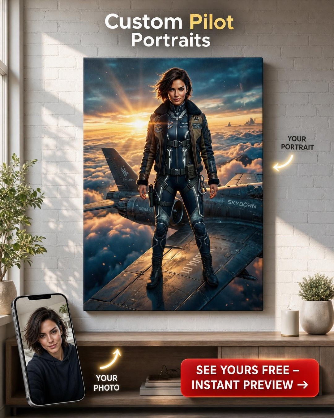 Custom Pilot Woman Portrait — Heroic Sky Canvas