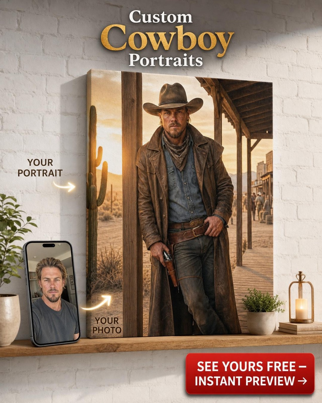 Custom Cowboy Man Portrait — Heroic Western Canvas
