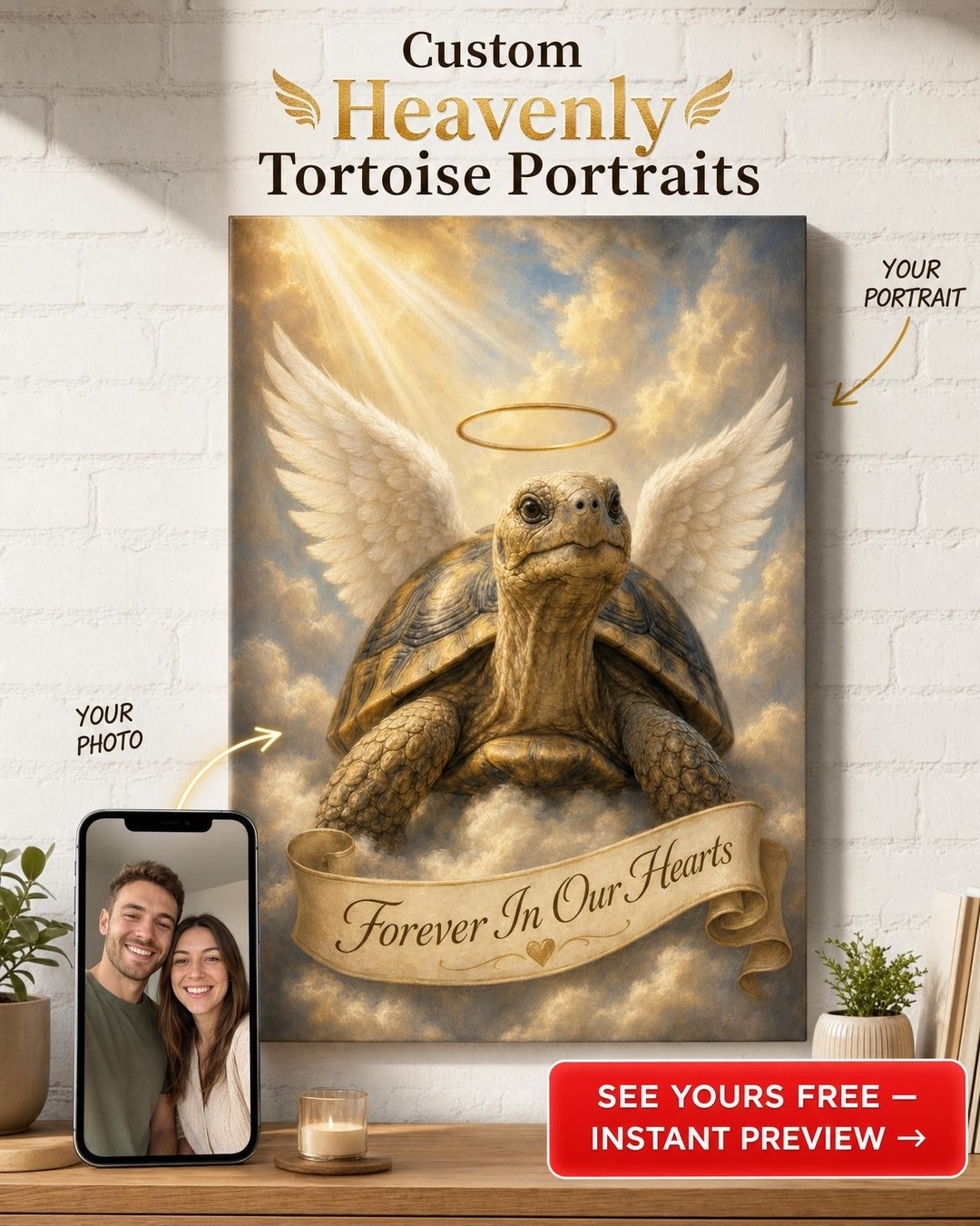 Custom Memorial Pet Portrait — Angel Cat Canvas from Photo