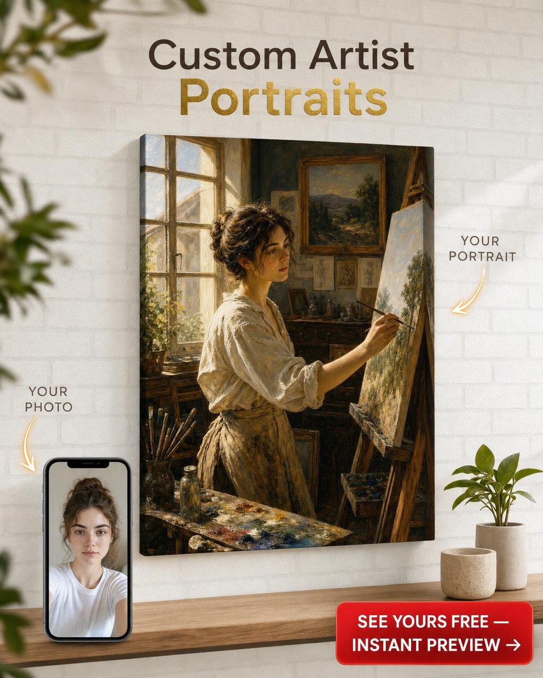 Custom Hobby Single Woman Portrait — Serene Artist For Man Canvas