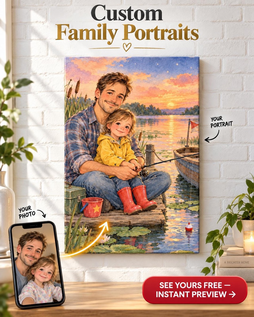 Storybook Watercolor Fishing Custom Portrait from Photo | Personalized Fishing Together Gift