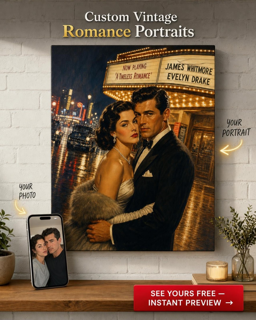 Silver Screen Romance Custom Portrait from Photo | Personalized Couples Gift