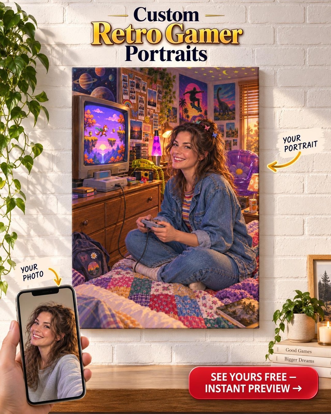 Player One Retro Gamer Custom Portrait from Photo | Personalized Canvas Gift