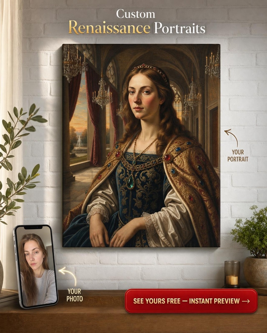 Custom Royal Woman Portrait — Regal Crown & Jewels Canvas