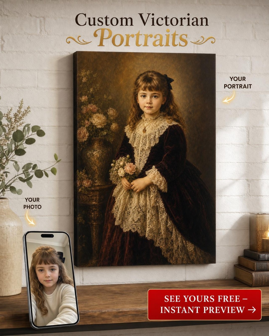 Victorian Child Heirloom Portrait Custom Portrait from Photo | Personalized Canvas Gift