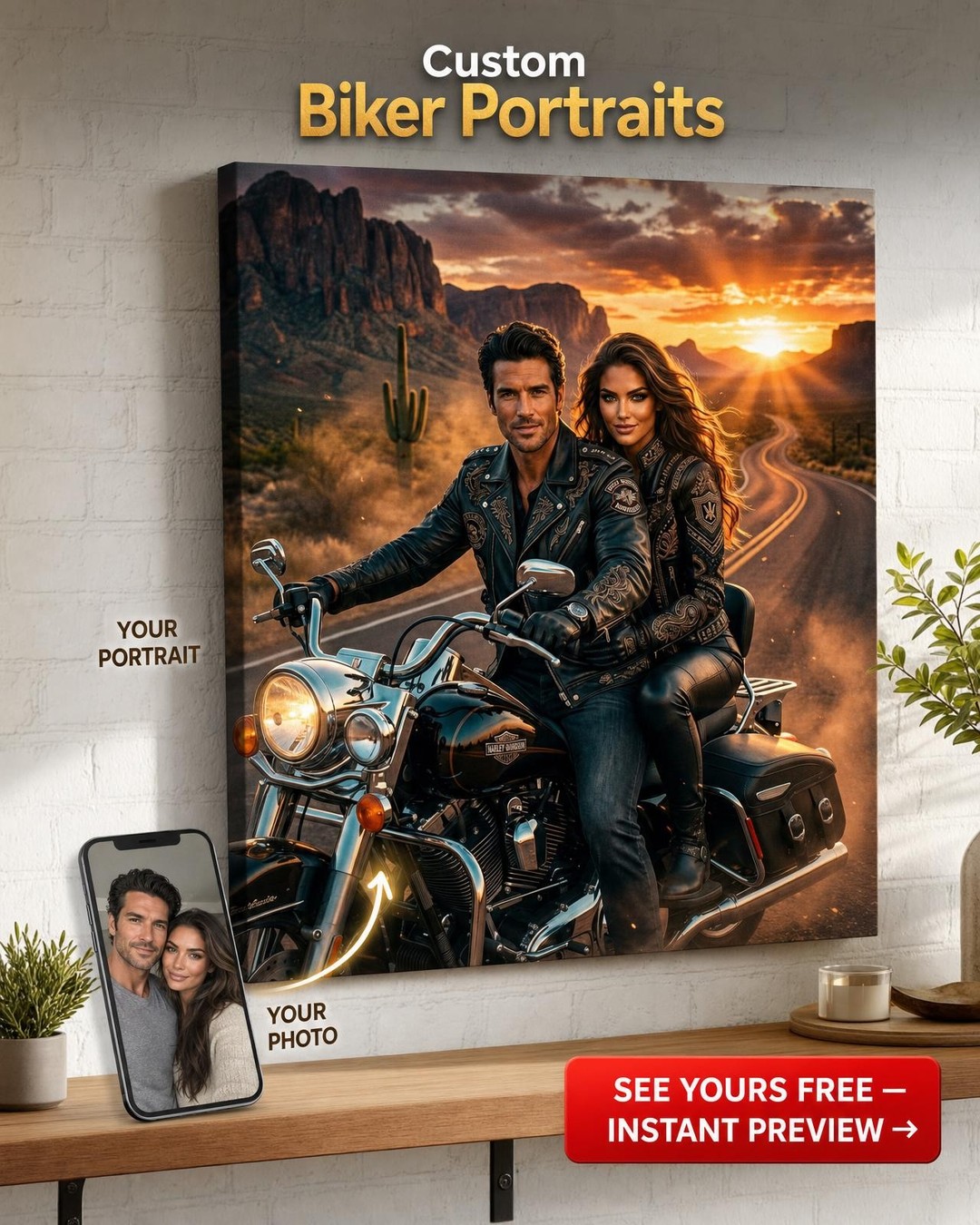 Custom Cowboy Couple Portrait — Romantic Motorcycle Sunset