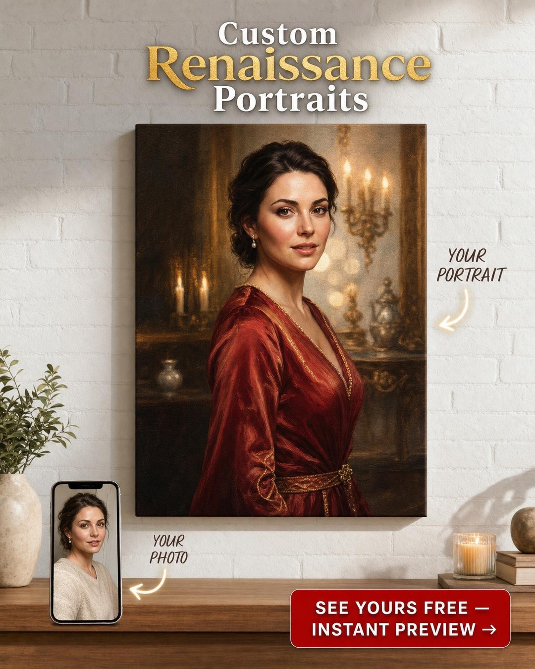 Regalo de Retrato Personalizado de Dama en Rojo