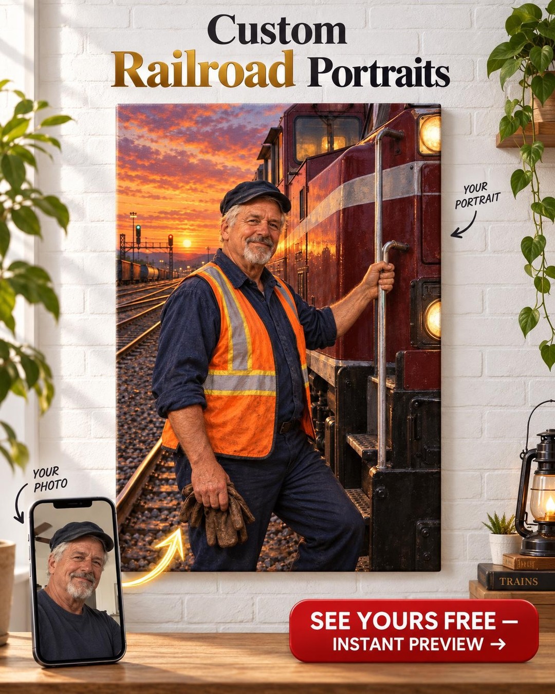The Last Run Railroad Custom Portrait from Photo | Personalized Railroad Portrait Gift