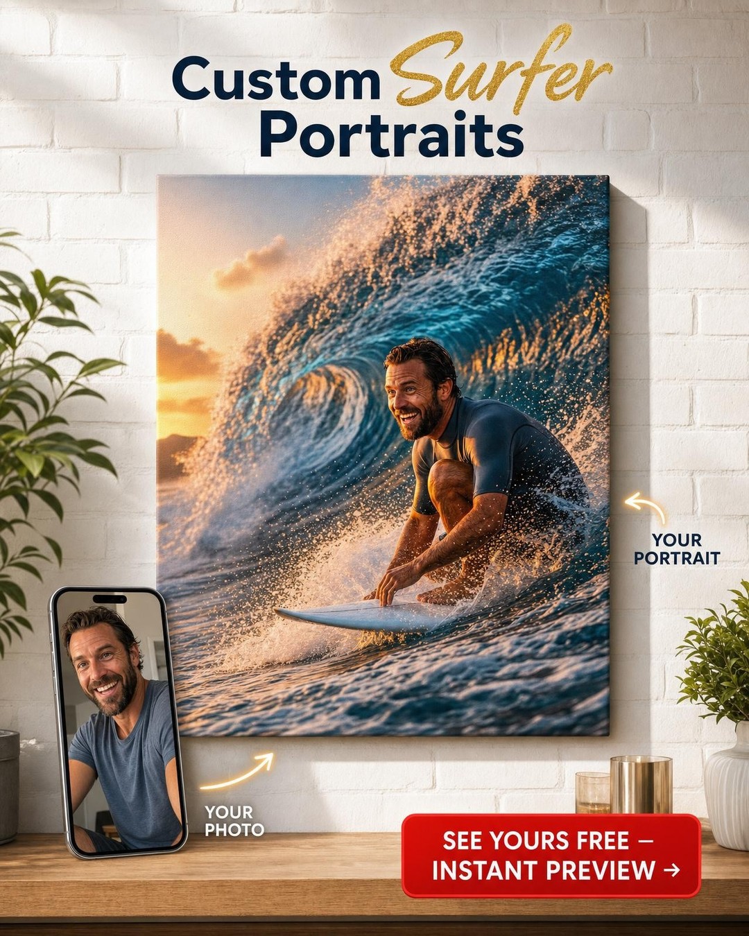 Heroic Surfer Portrait Canvas