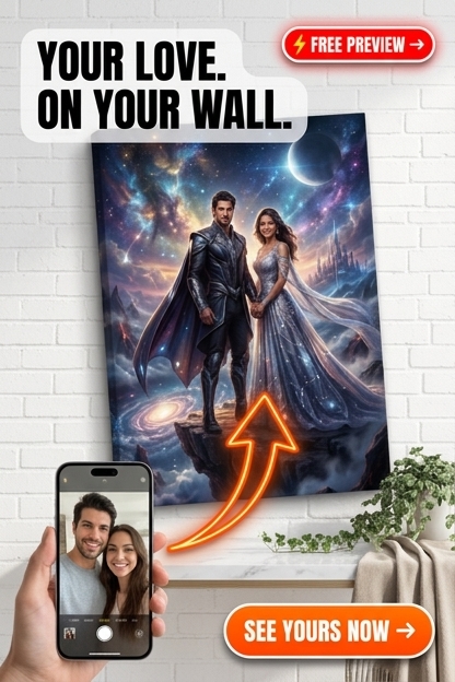 Custom Fantasy Couple Portrait — Romantic Space Canvas from Photo