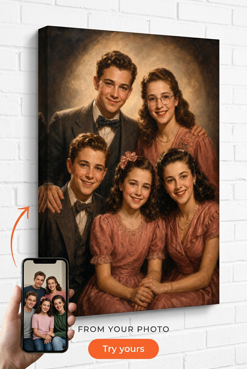 Custom 1940s Hollywood Sibling Portrait from Photo | Personalized Canvas Gift