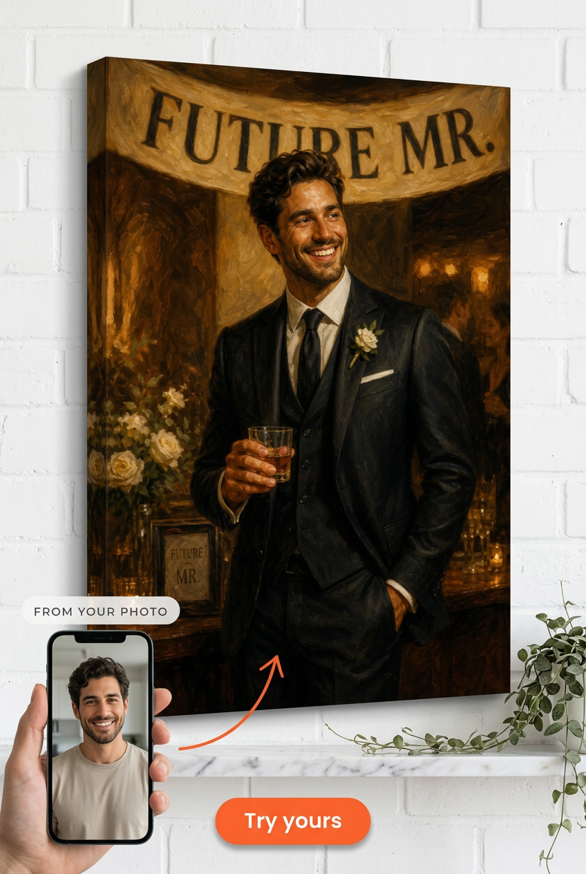 Future Mr. Bachelor Gift — Elegant Groom Portrait Canvas from Photo