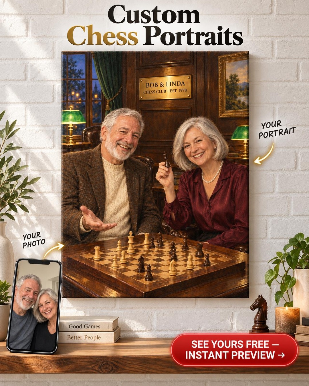 Grandmaster Chess Club Couple Custom Portrait from Photo | Personalized Game Night Gift