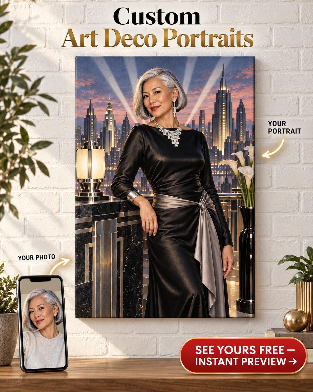 Art Deco Silver Custom Portrait from Photo | Personalized Silver Glamour Gift