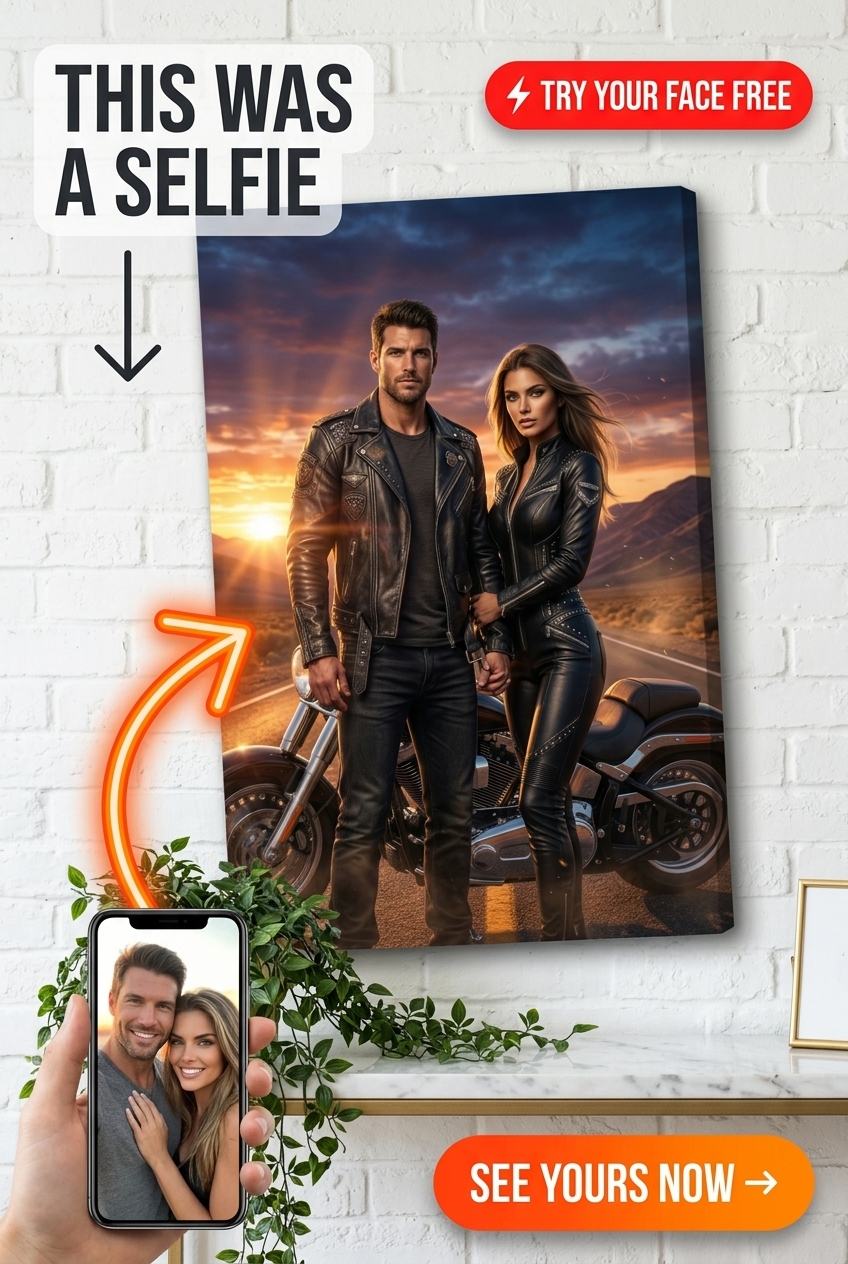 Custom Cowboy Couple Portrait — Heroic Motorcycle Canvas from Photo